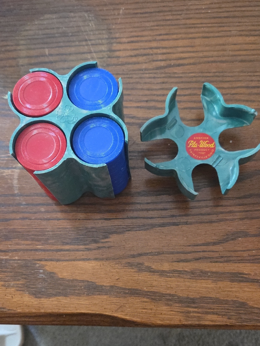 Vintage Poker Chip Holder with Red and Blue Chips Pla-Wood